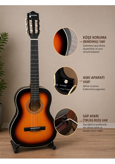 Valares Qcg3624 Klasik Gitar 39 4/4 Tam Boy Sap Ayarlı Truss Rod Köşe Korumalı Askı Aparatlı Parlak Gloss Sunburst