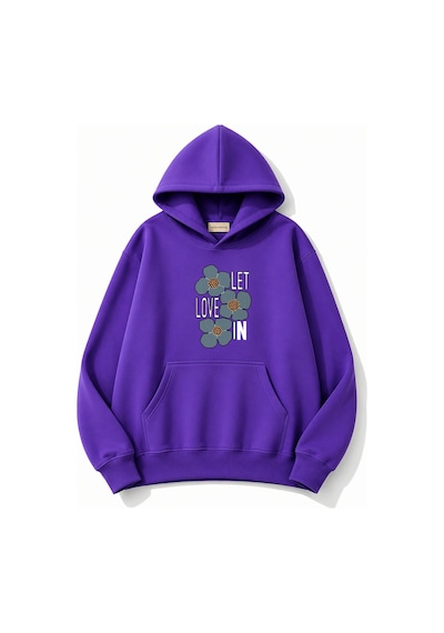 Herkesemoda Love Çiçek Baskılı Kapüşonlu 2 İplik Şardonlu Sweatshirt Mor