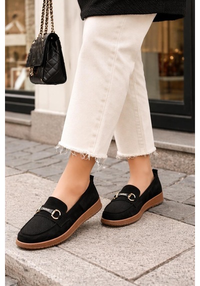 Modaonn Kadın Süet Tokalı Loafer Siyah
