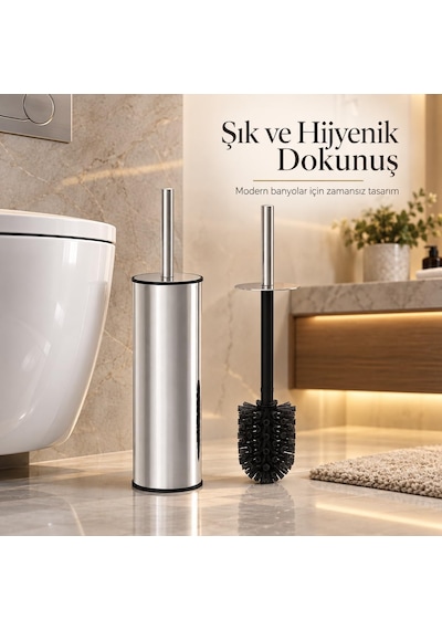 Paslanmaz Çelik Tuvalet Fırçası, Kapaklı Wc Fırçası Seti, Gümüş Renk, Modern Banyo Ve Tuvalet Aksesuarı, Tuvalet Fırçası Beyaz - Çok Renkli