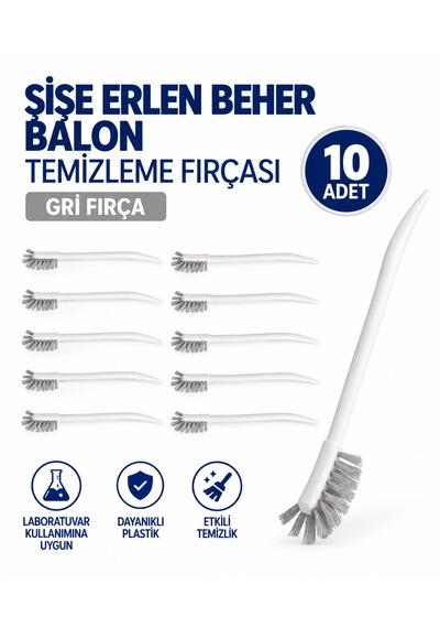 Şişe Erlen Beher Balon Temizleme Fırçası - Gri Fırça 10 Adet