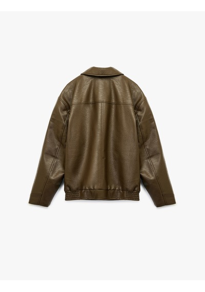 Koton Slim Fit Uzun Kollu Fermuarlı Gömlek Yaka Suni Deri Ceket Khakı 6wam20162hw Haki