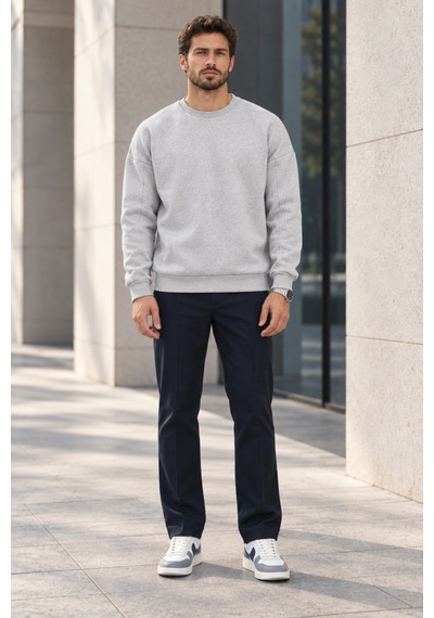 Polo State Erkek Bisiklet Yaka Oversize Dikiş Detaylı Basic Sweatshirt - Gri Melanj