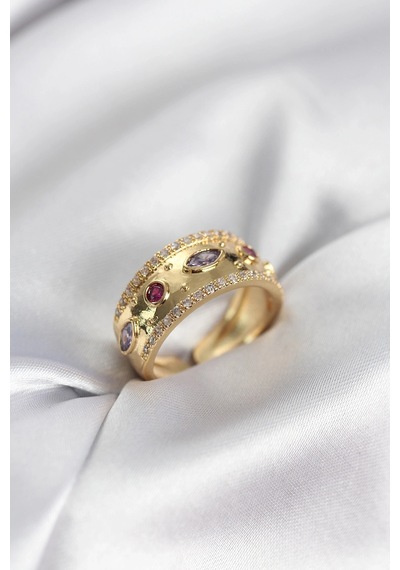 Mey İthalat Gold Renk Zirkon Taşlı Vintage Kadın Yüzük Çok Renkli