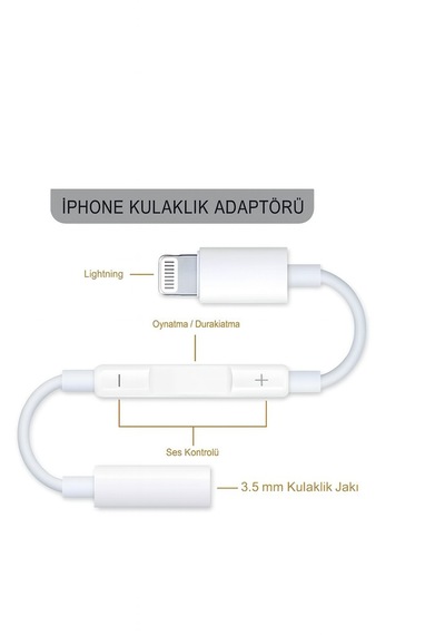 Apple Uyumlu iPhone iPad  8 Pin Lightning Aux Çevirici - 3.5 Mm Kablodan Kontrollü Jack Kulaklık Adaptörü 1 Adet