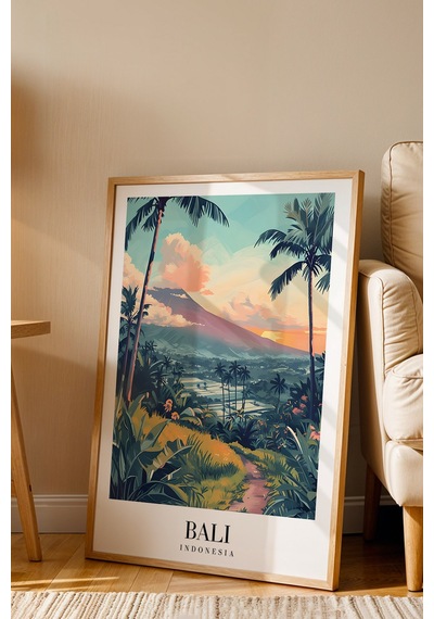 Bali Indonesia Vintage Seyahat Posteri Çerçeveli Tablo - Premium Tropikal Manzaralı Duvar Dekoru Kayın