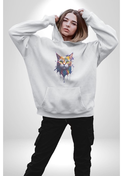 Şimşek Yağmur Kedi Kadın Erkek Beyaz Kapüşonlu Sweatshirt Hoodie Beyaz