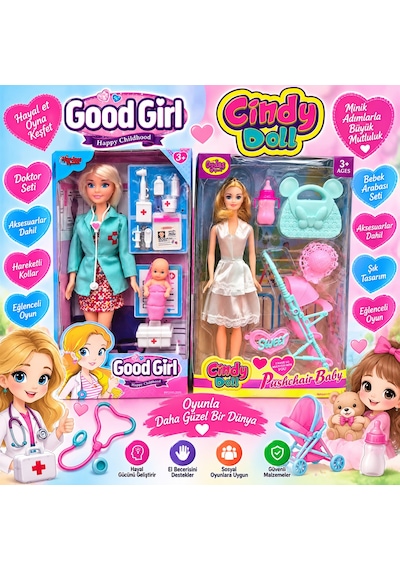 Oyuncak Doktor Hemşire Et Bebek Anne Bebek Oyun Seti 19 Parça Aksesuarlı Evcilik Oyunu Açık Pembe - Beyaz