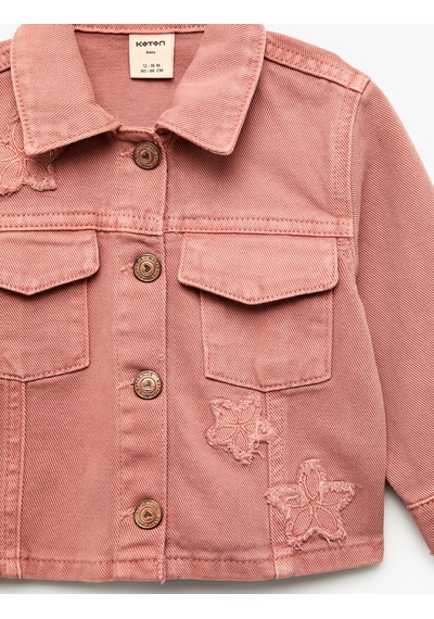 Koton Yıldız Nakışlı Pamuklu Kapaklı Cepli Uzun Kollu Denim Ceket Pembe 7wmg60002ad Açık Pembe
