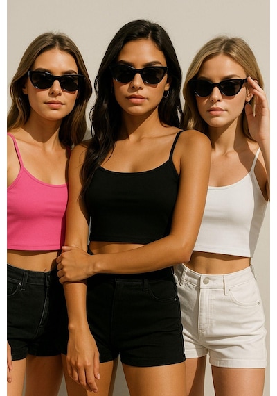 Rich Kadın 3'lü Paket Siyah Beyaz Pembe Kısa Crop İp Askılı Kayık Yaka Krop Bluz Büstiyer Çok Renkli