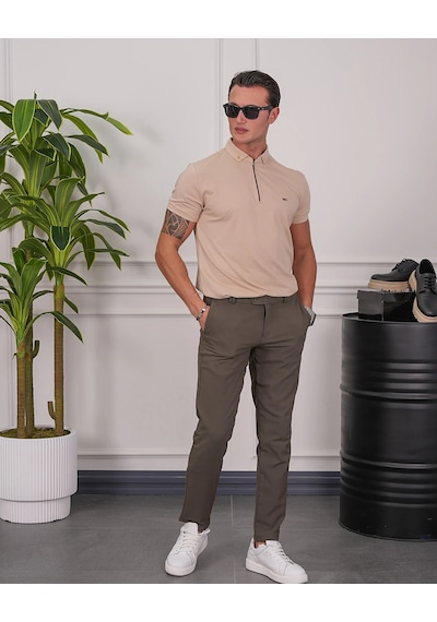 Modefendi Pamuk Likra Slim Fit Kalıp Bebe Yaka Fermuarlı Tshirt Krem Modefendi Pamuk Likra Slim Fit Kalıp Bebe Yaka Fermuarlı Tshirt Krem