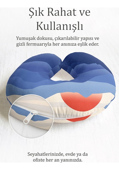 Gün Batımı Manzaralı Ergonomik Boyun Yastığı - Doğal Dağ Silüetli Mavi Krem Yumuşak Seyahat Yastığı Fırtına Avokado