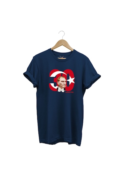Türk Bayrağı Ve Atatürk Baskılı 30 Ağustos Zafer Bayramı Tasarımlı %100 Pamuk Regular Fit T-shirt Lacivert