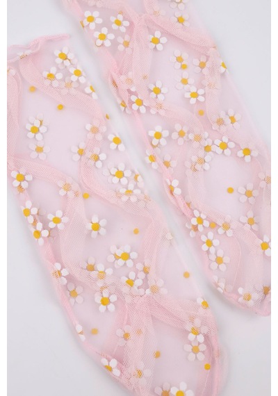 Le Mabelle Pembe Papatya Desenli Kız Çocuk Tül Çorap Pembe