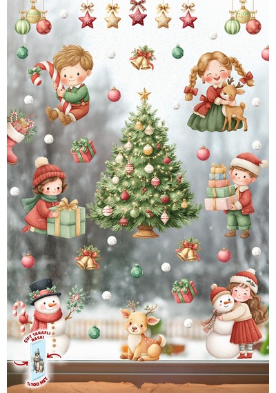 Yılbaşı Temalı Çocuk Odası Cam Sticker Seti Çam Ağacı, Kardan Adam, Hediye Noel Figürleri 44 Parça Dijital Baskı