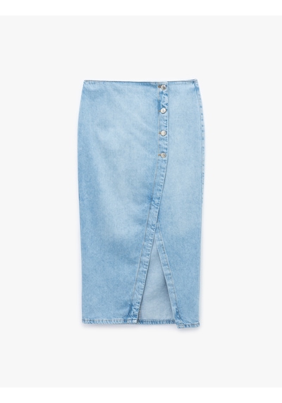Koton Düğme Detaylı Yırtmaçlı Normal Bel Slim Fit Midi Denim Kalem Etek Açık İndigo 5sal70042md Açık İndigo