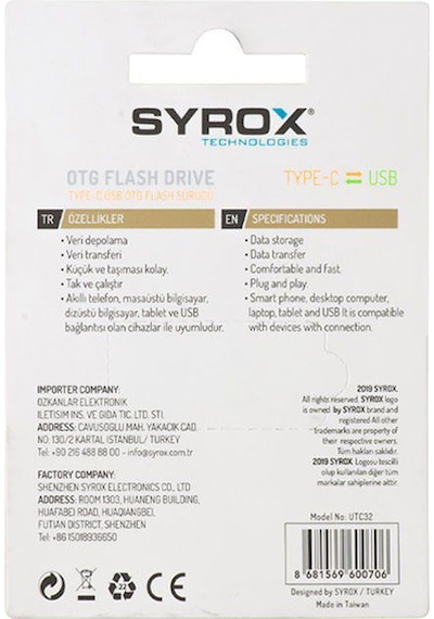 Syrox Type-c Ve Usb 2.0 Usb Flash Bellek 32 Gb. Otg Çift Giriş Syrox Type-c Ve Usb 2.0 Usb Flash Bellek 32 Gb. Otg Çift Giriş
