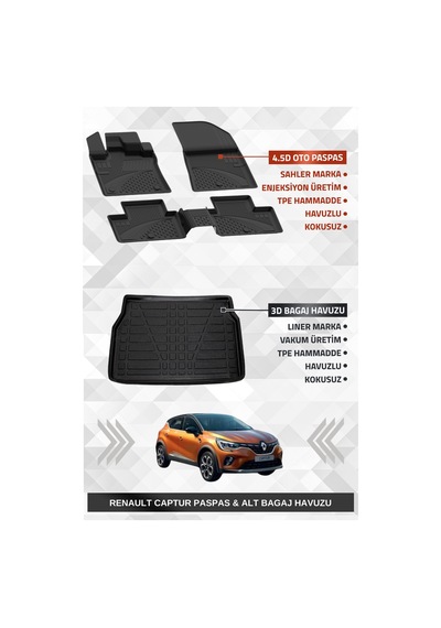 Sahler Renault Captur 2020+ Uyumlu 4.5d Premium Havuzlu Paspas Ve Liner Marka 3d Alt Bagaj Havuzu