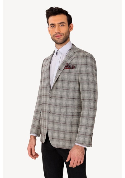 Erkek Gri Regular Fit Ekose Ceket