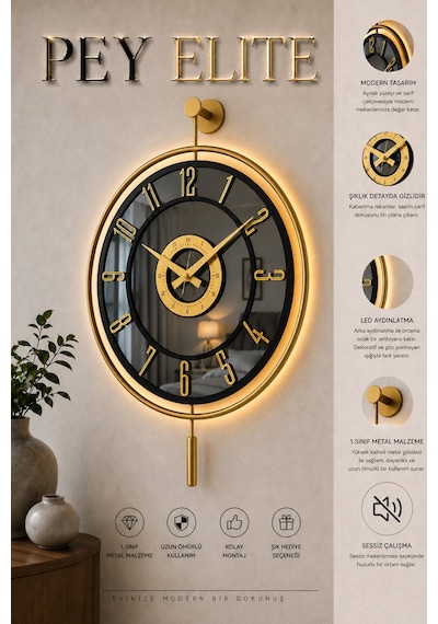 Pey Aksesuar Metal Aynalı Duvar Saati Işıklı Gerçek Cam Duvar Saati Modern Tasarım 40 X60 Cm Gold-füme-siyah