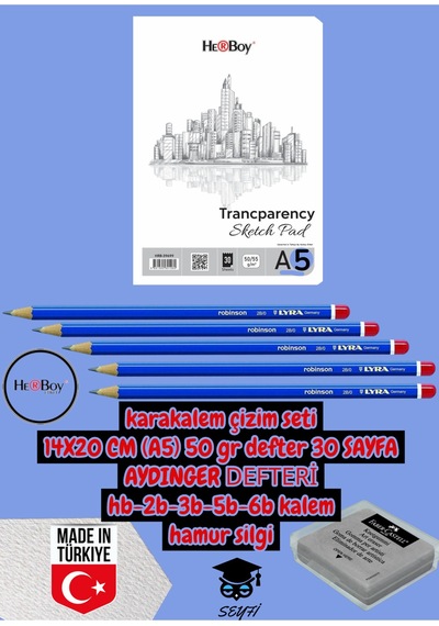 Karakalem Çizim Seti 14x20 Cm A5 50 Gr Defter 30 Sayfa Aydınger Defteri Hb-2b-3b-5b-6b Kalem Herboy Çok Renkli