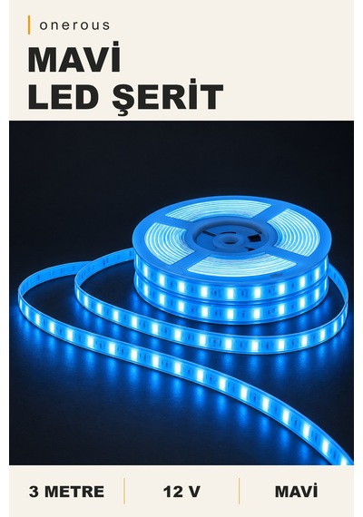 Onerous 3 M 12v Mavi Led Şerit, Yapışkanlı