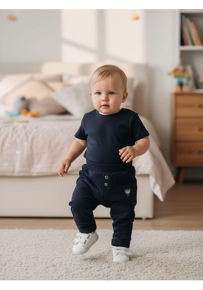 Zekids Erkek Çocuk Pamuklu Lastikli Duble Paça Eşofman Altı-16388 Lacivert