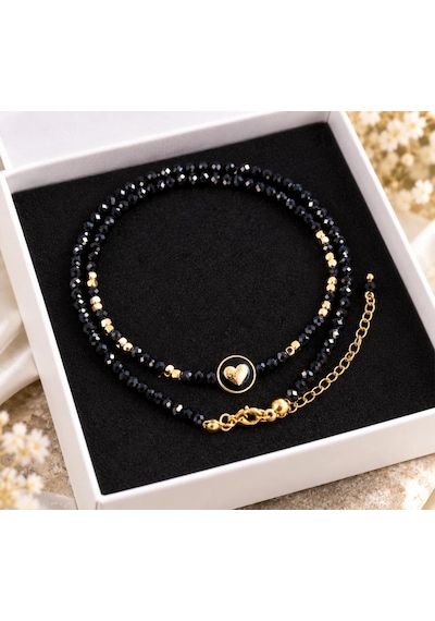 Spinel Taşlı Kalp Detaylı Gold Kolye Siyah