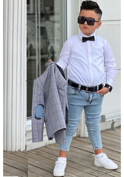 Riccotarz Erkek Çocuk Çizgili Blazer Ceket Kot Pantolon Füme Alt Üst Takım 001