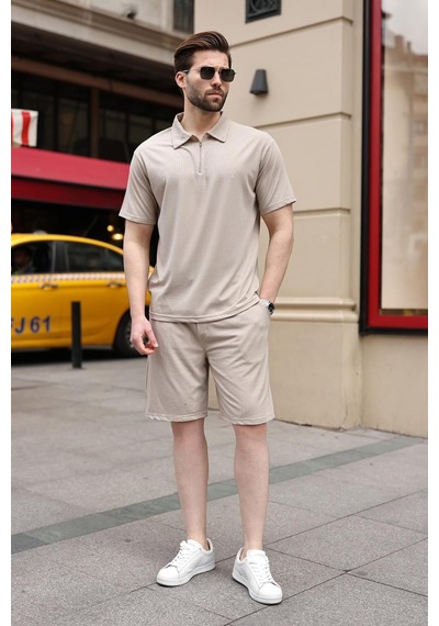 Bej Polo Yaka T-shirt Şort Takım E7363