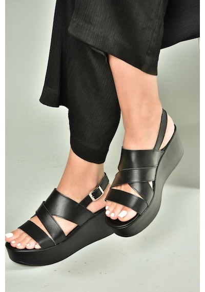 Fox Shoes U555750203 Siyah Hakiki Deri Dolgu Topuklu Kadın Ayakkabı Siyah-hakiki Deri
