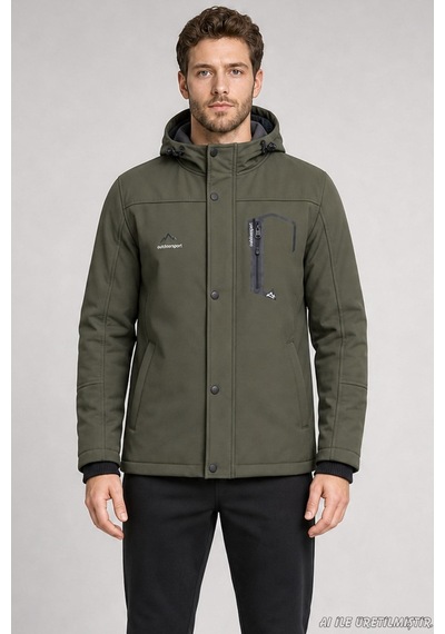 Freemen Erkek Kapüşonlu İçi Kürklü Su Ve Rüzgar Geçirmez Outdoor Softshell Mont-414 Haki