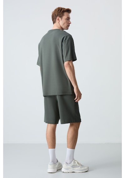Haki Pamuklu Kalın Yumuşak Dokulu Oversize Fit Basic Erkek Şort Takım - 85259
