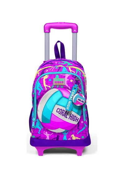 Coral High Kids Pembe Mor Voleybol Desenli Üç Bölmeli Çekçekli Okul Sırt Çantası 23961