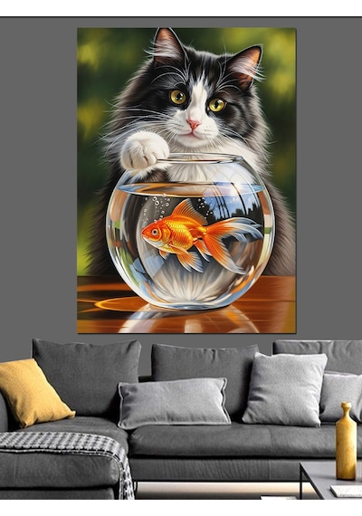 Ahşap Tablo Balık Fanusu Ve Kedi
