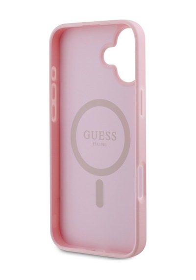 Apple iPhone 16 Plus Uyumlu Kılıf Guess Lisanslı Magsafe Şarj Özellikli Yazı Logolu Grained Kapak Pembe