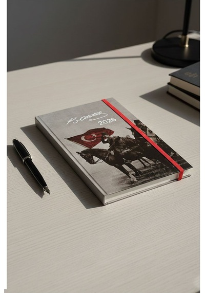 2026 Atatürk Ajanda Premium Sert Kapak Özel Baskı 17x24 Cm Lastikli Ajanda Atatürk Kapaklı Gümüş Gri Ofs907ata