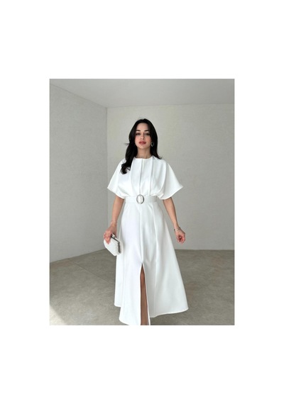 Afiş Butik Kemer Detaylı Yırtmaçlı Piliseli Midi Elbise Beyaz Beyaz