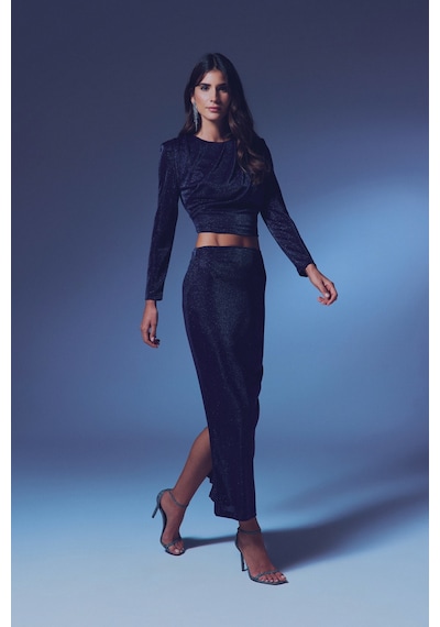 Sateen Vatkalı Simli Bluz - Lacivert-135323 Lacivert