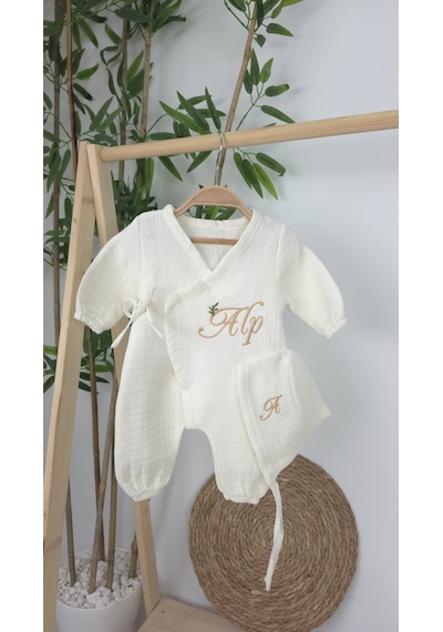 Gros Shop Müslin Yeni Doğan 4katlı Organik %100pamuk Kişiye Özgü Nakışlı Hastane Çıkış Seti-dal Model Ekru