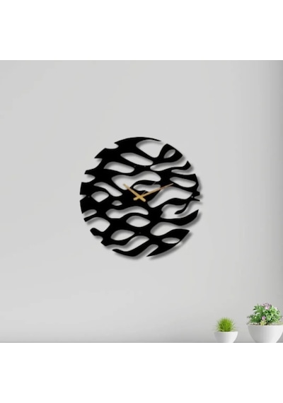 Metal Duvar Saati Dalga Detaylı Dekoratif Saat Siyah-46 X 46
