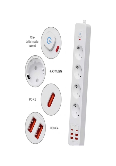 Termal Akım Korumalı 4 Lü Priz 4x Usb 2x Type-c Çıkışlı Grup Priz Çoğaltıcı 3500w Standart