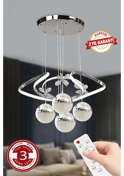 4 Toplu Kumandalı 3 Renk Büyük Salon Avize Krom Gümüş Kasa Dron