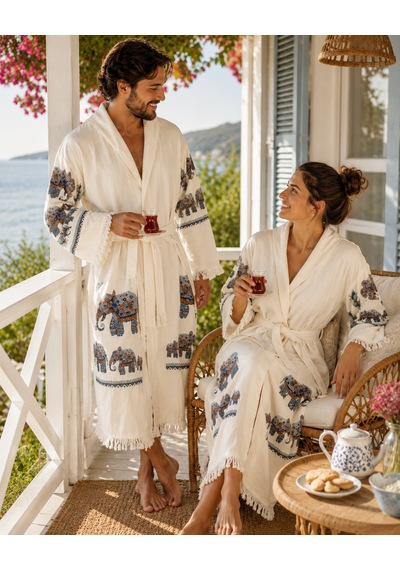 Müslin Taş Baskı Fil Desen Bornoz Kapşonlu, %100pamuklu- Kapşonlu - Deniz-spa-havuz-banyo Unisex Bornoz Krem - Fil Desen