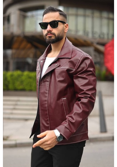 Erkek Dikiş Detaylı Retro Deri Ceket Bordo Byzdkş