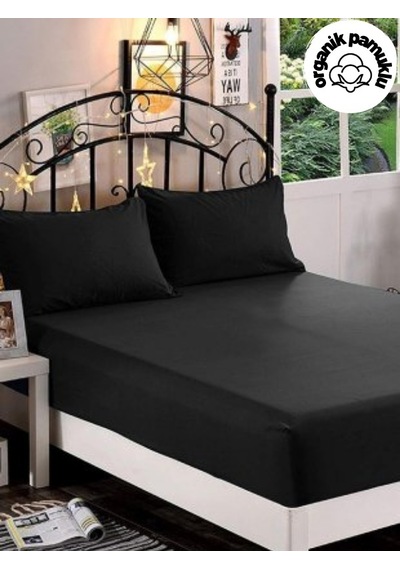 Lotus Çift Kişilik Lüks Pamuklu 160x200 Kumaş Lastikli Çarşaf Takımı  Yastıklı - Siyah