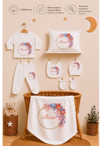 Pia Baby Kız Bebek Hastane Çıkışı 11 Parça %100 Pamuk Kişiye Özel İsimli Organik Baskılı Set 1037110x Ekru