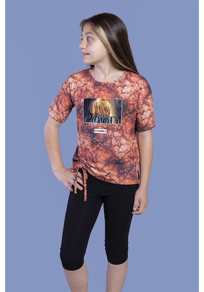Toontoy Kız Çocuk 2'li Takım Baskılı Bisiklet Yaka T-shirt & Basic Düz Tayt - Yırtmaç Detaylı - Bağcıklı Turuncu