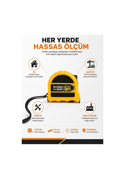 Dmax 5 Metre Şerit Metre 25 Mm Kompakt Ölçüm Metresi Ev Atölye Şantiye Kullanımı