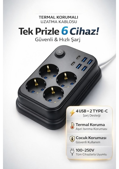 Akım Korumalı 4 Lü Priz 2x Usb-c 4x Usb-a Şarj 2m Kablo Uzatma Çocuk Korumalı Çoklu Priz 2 M